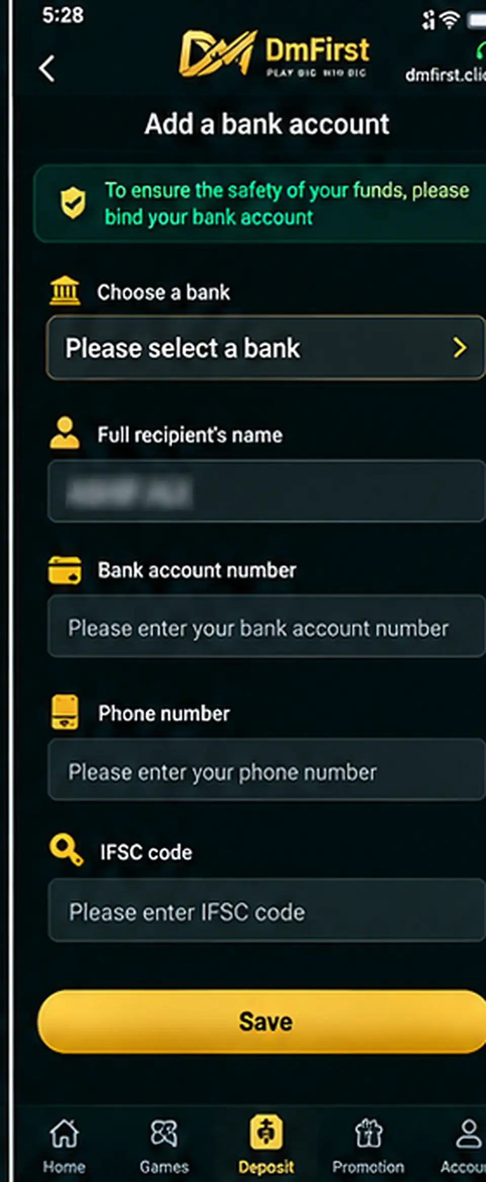 DmFirst add bank account screen with private details blurred