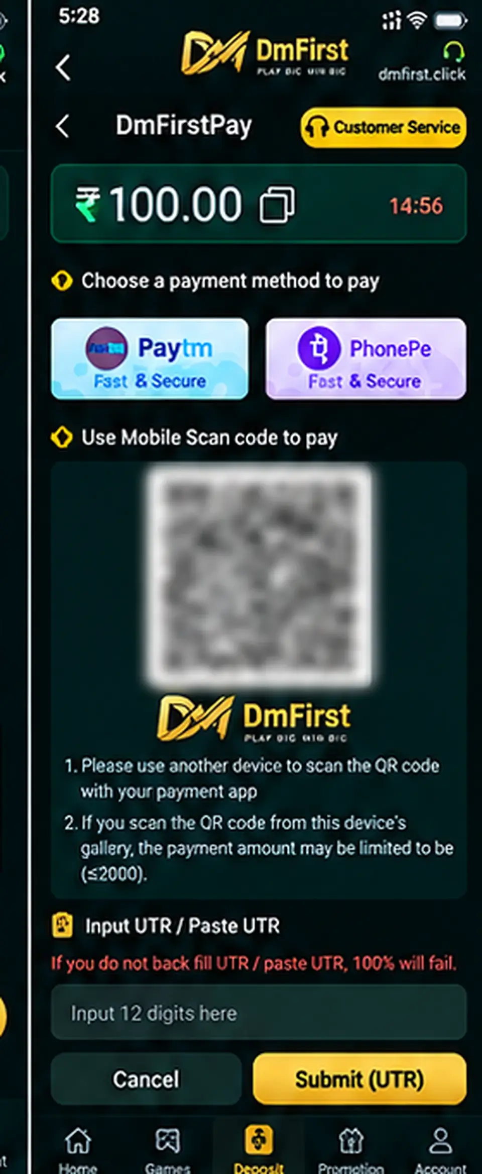 DmFirst payment screen with QR code blurred for privacy