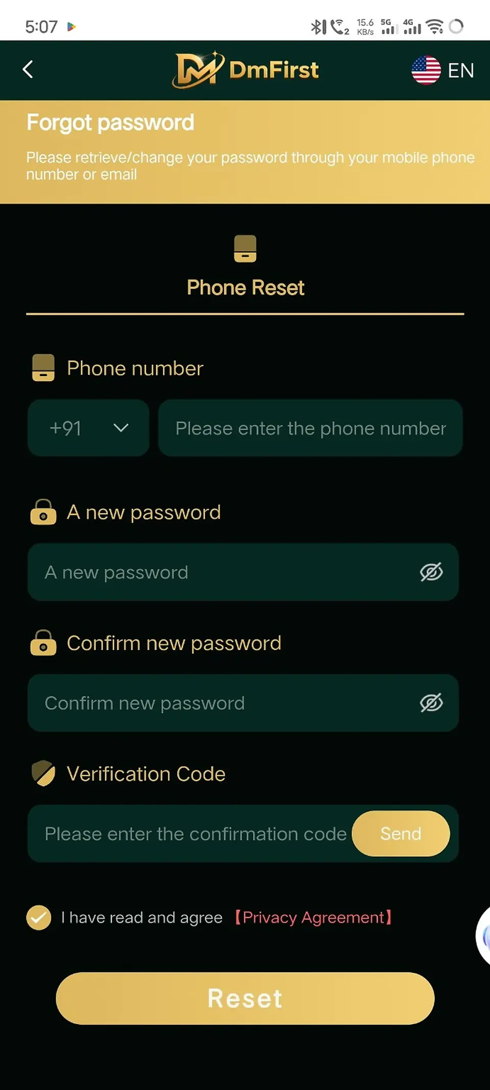 DmFirst forgot password screen showing phone reset and verification code