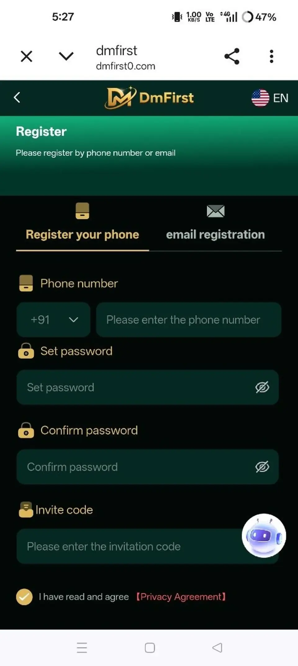 DmFirst registration screen showing phone and email registration options