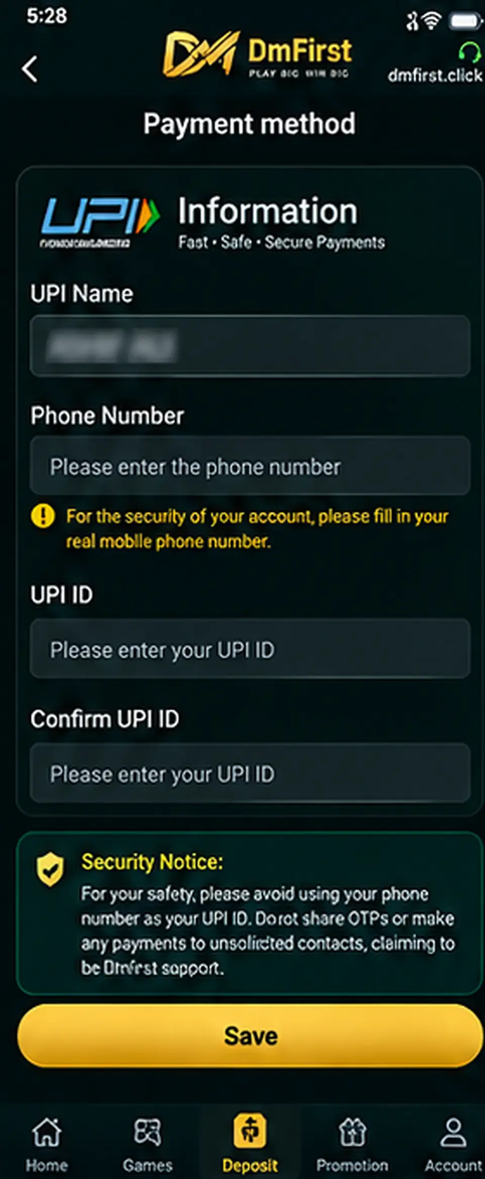 DmFirst UPI information screen with private example details blurred