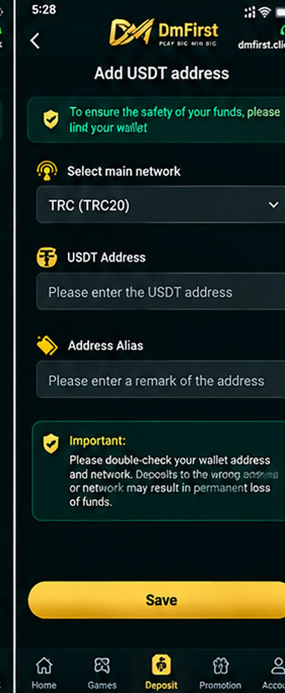 DmFirst add USDT address screen showing network and wallet address fields